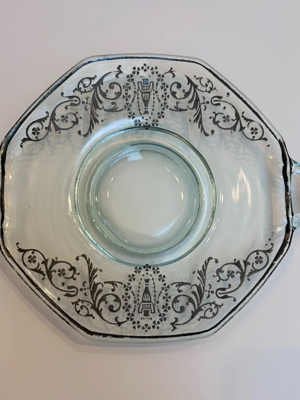 Vintage Green Fostoria Glass Tray with Handles and Sterling Silver Filigree Deta